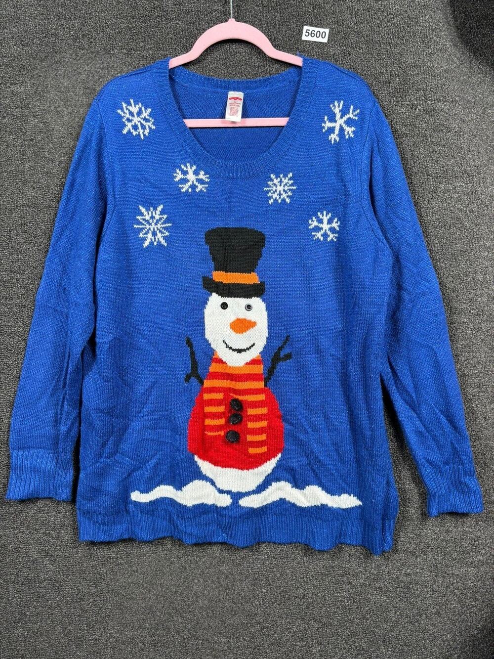 Holiday Time Sweater Womens 3X Blue Snowman Ugly Christmas Pullover Plus Sparkle